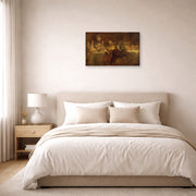 Gallery-wrapped canvas print of Rembrandt's The Conspiracy of Claudius displayed on a wall in a bedroom