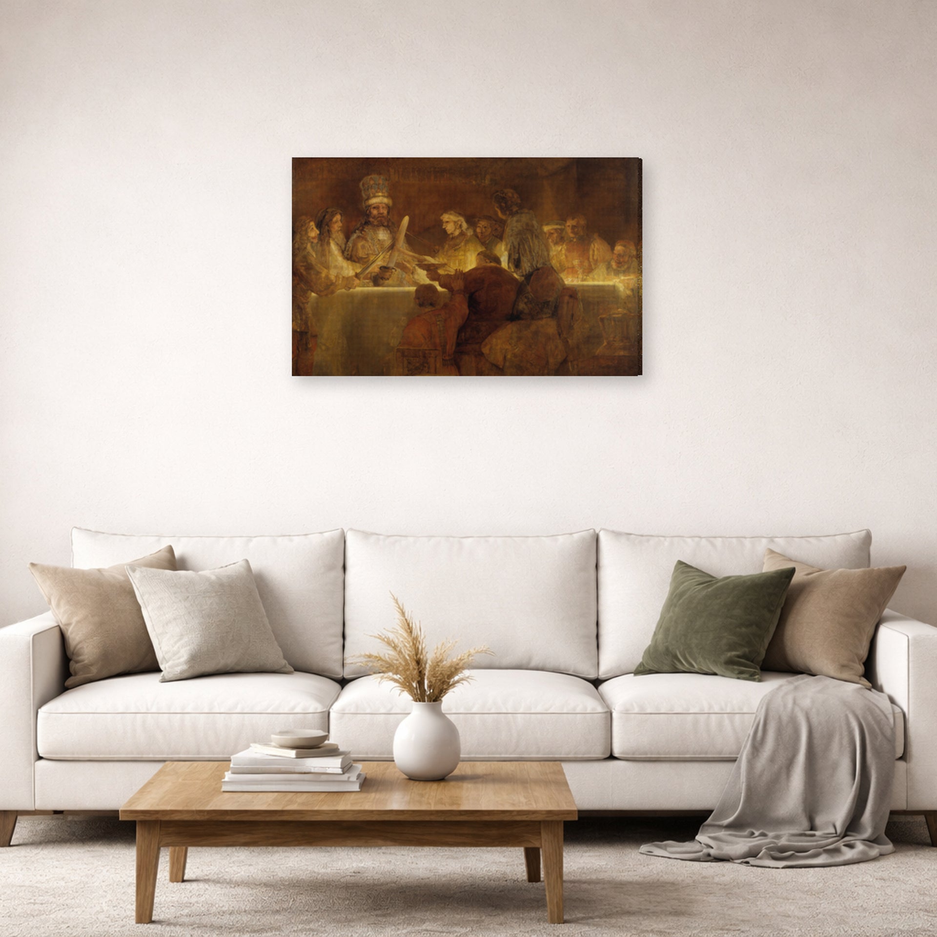 Gallery-wrapped canvas print of Rembrandt's The Conspiracy of Claudius displayed on a wall in a living room
