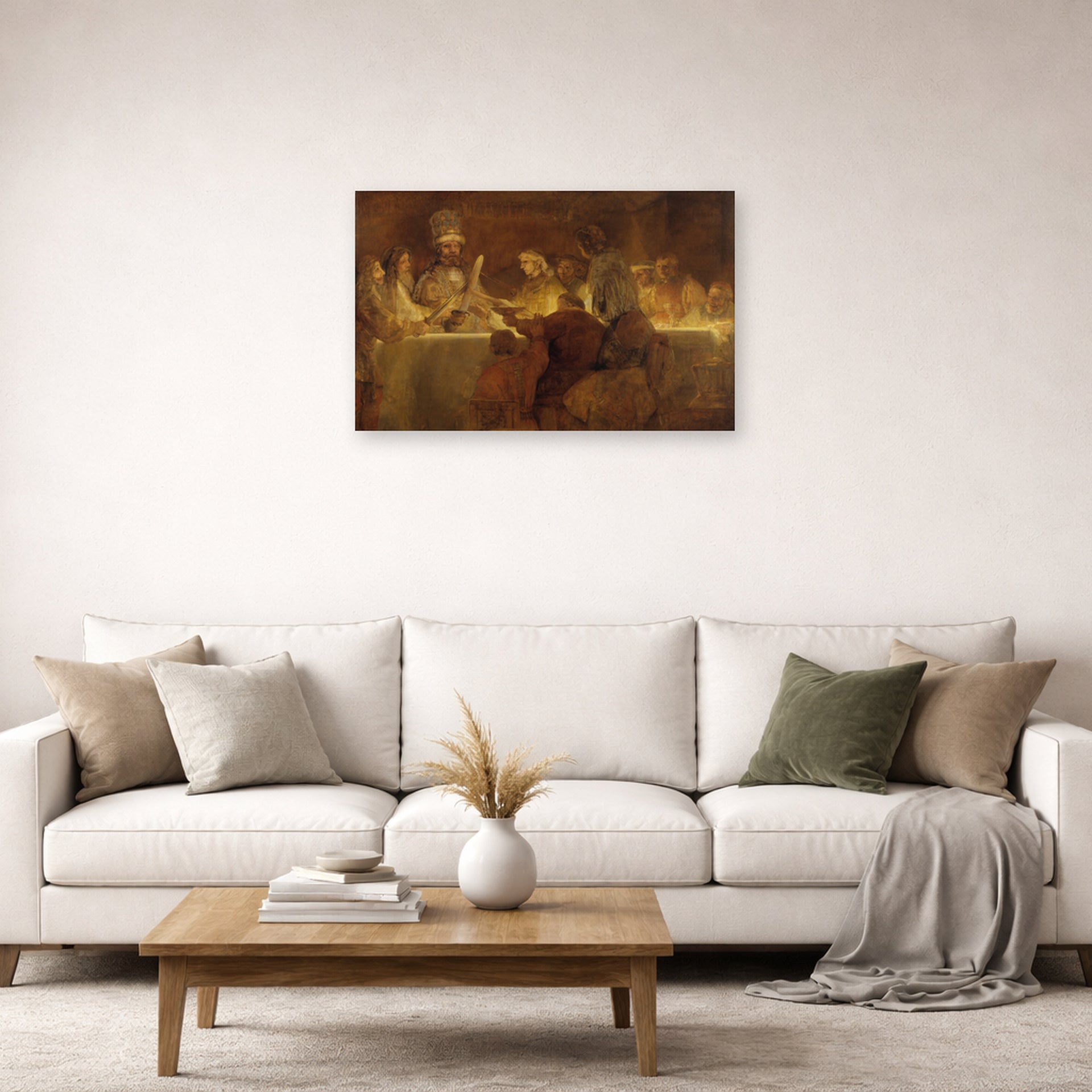 Unframed poster print of Rembrandt's The Conspiracy of Claudius displayed on a wall in a living room