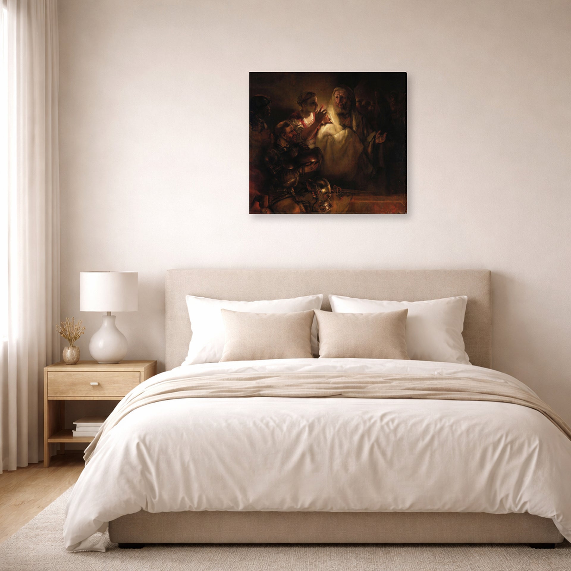 Gallery-wrapped canvas print of Rembrandt's The Denial of Saint Peter displayed on a wall in a bedroom