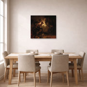 Gallery-wrapped canvas print of Rembrandt's The Denial of Saint Peter displayed on a wall in a dining room