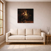 Gallery-wrapped canvas print of Rembrandt's The Denial of Saint Peter displayed on a wall in a living room