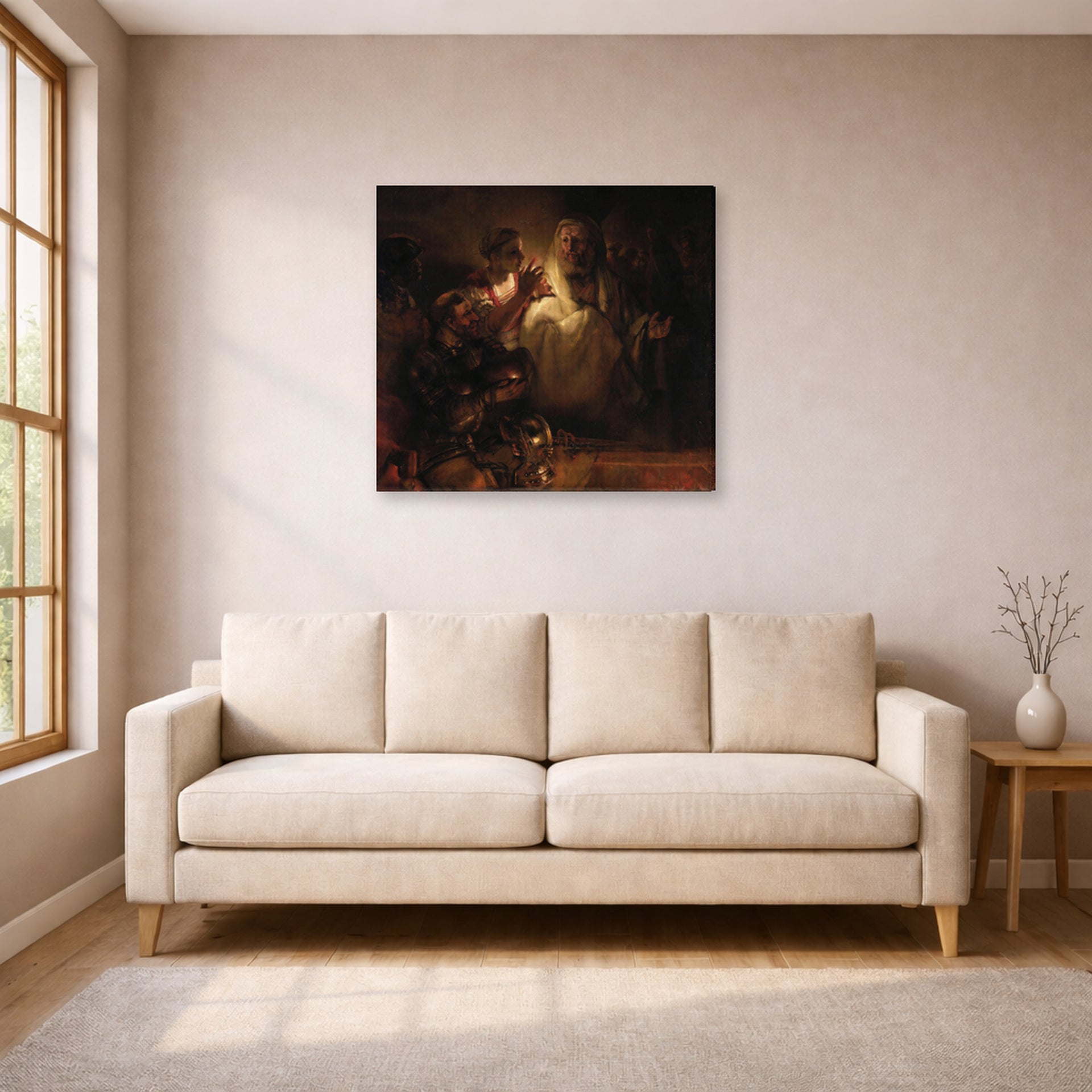 Gallery-wrapped canvas print of Rembrandt's The Denial of Saint Peter displayed on a wall in a living room