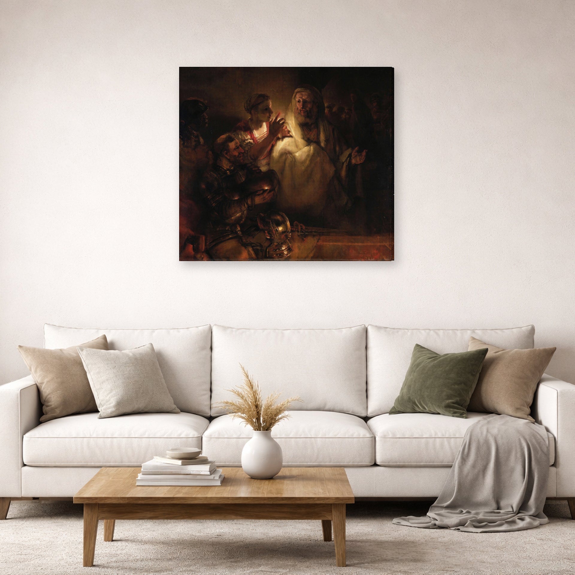 Gallery-wrapped canvas print of Rembrandt's The Denial of Saint Peter displayed on a wall in a living room