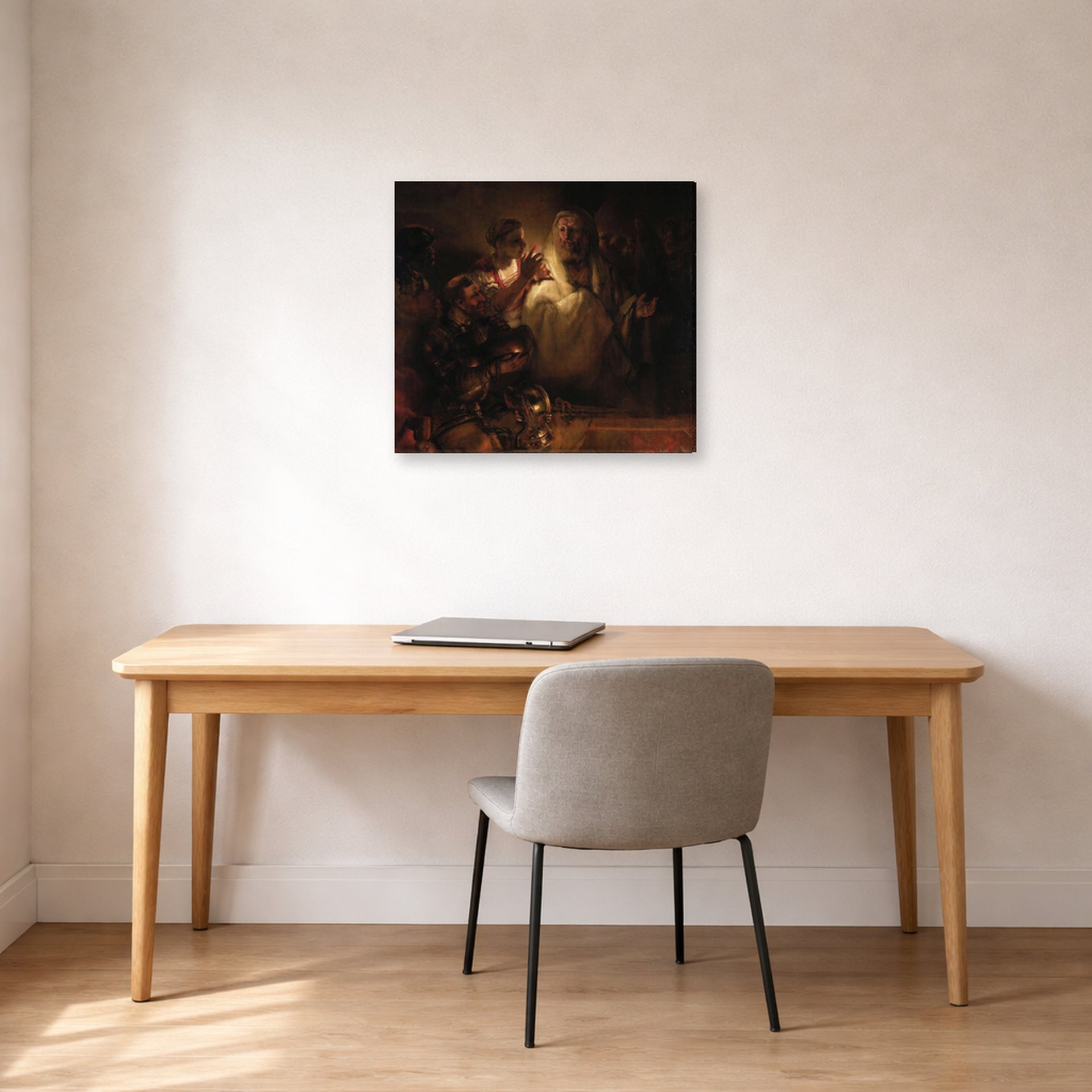 Gallery-wrapped canvas print of Rembrandt's The Denial of Saint Peter displayed on a wall in an office