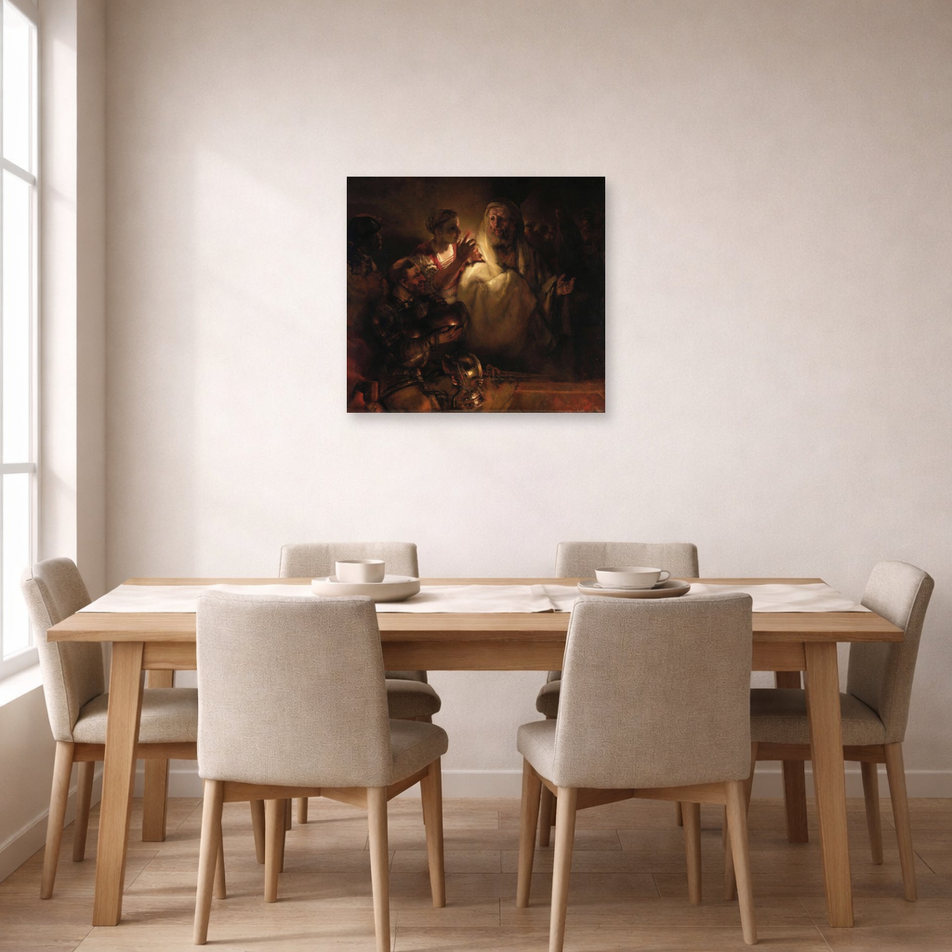 Unframed poster print of Rembrandt's The Denial of Saint Peter displayed on a wall in a dining room
