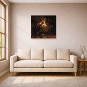Unframed poster print of Rembrandt's The Denial of Saint Peter displayed on a wall in a living room
