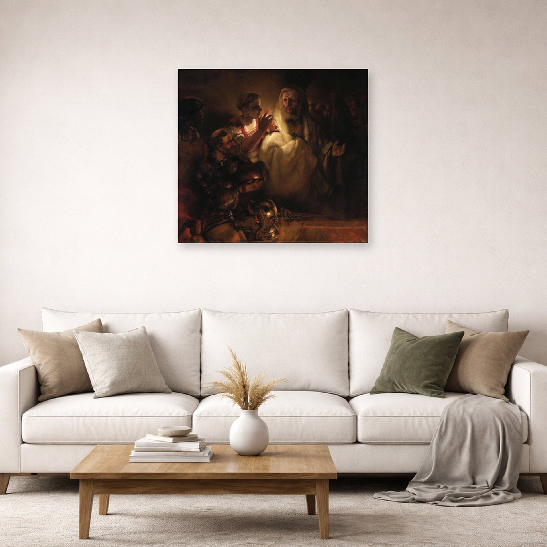 Unframed poster print of Rembrandt's The Denial of Saint Peter displayed on a wall in a living room