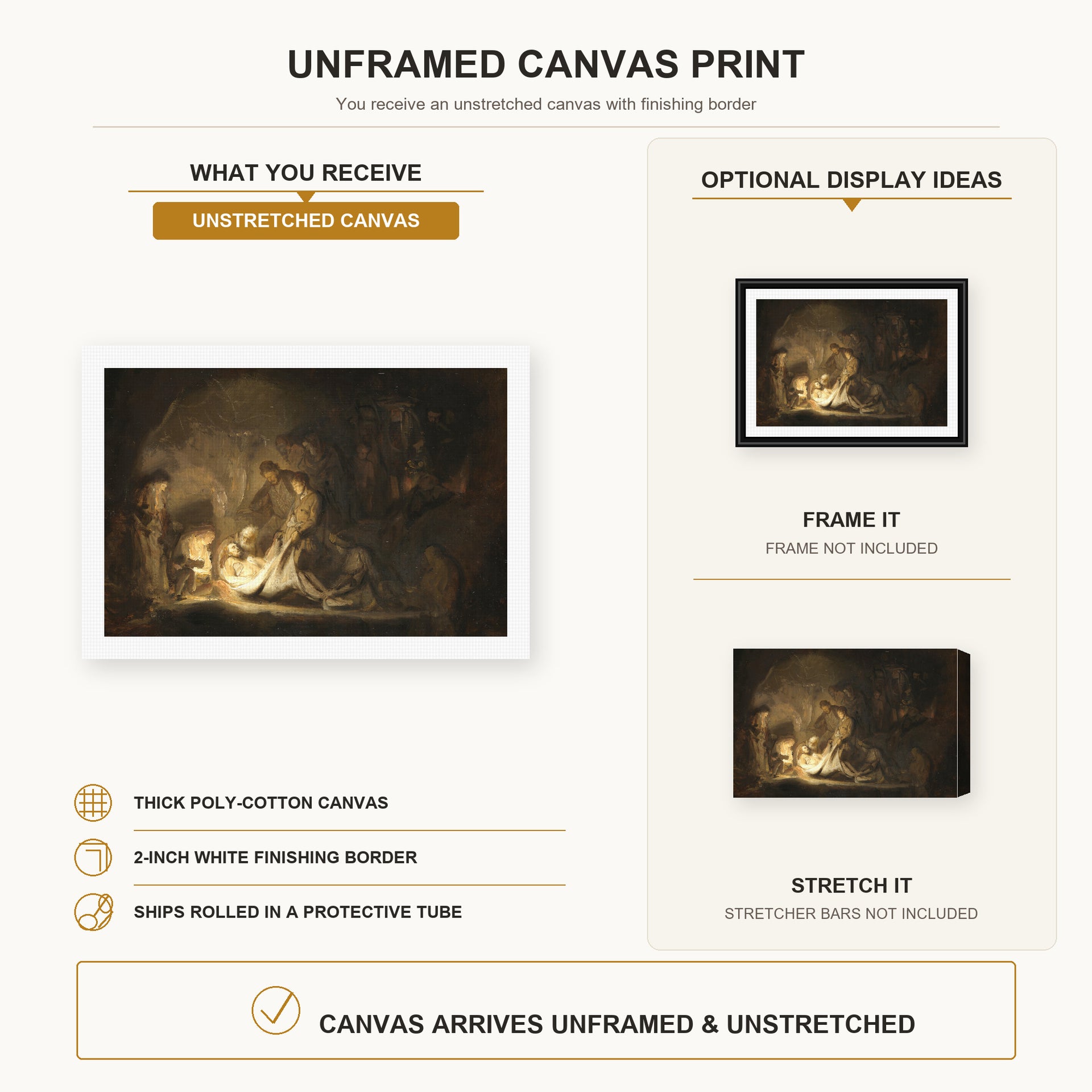 Rembrandt - The Entombment canvas print size comparison and framing display infographic