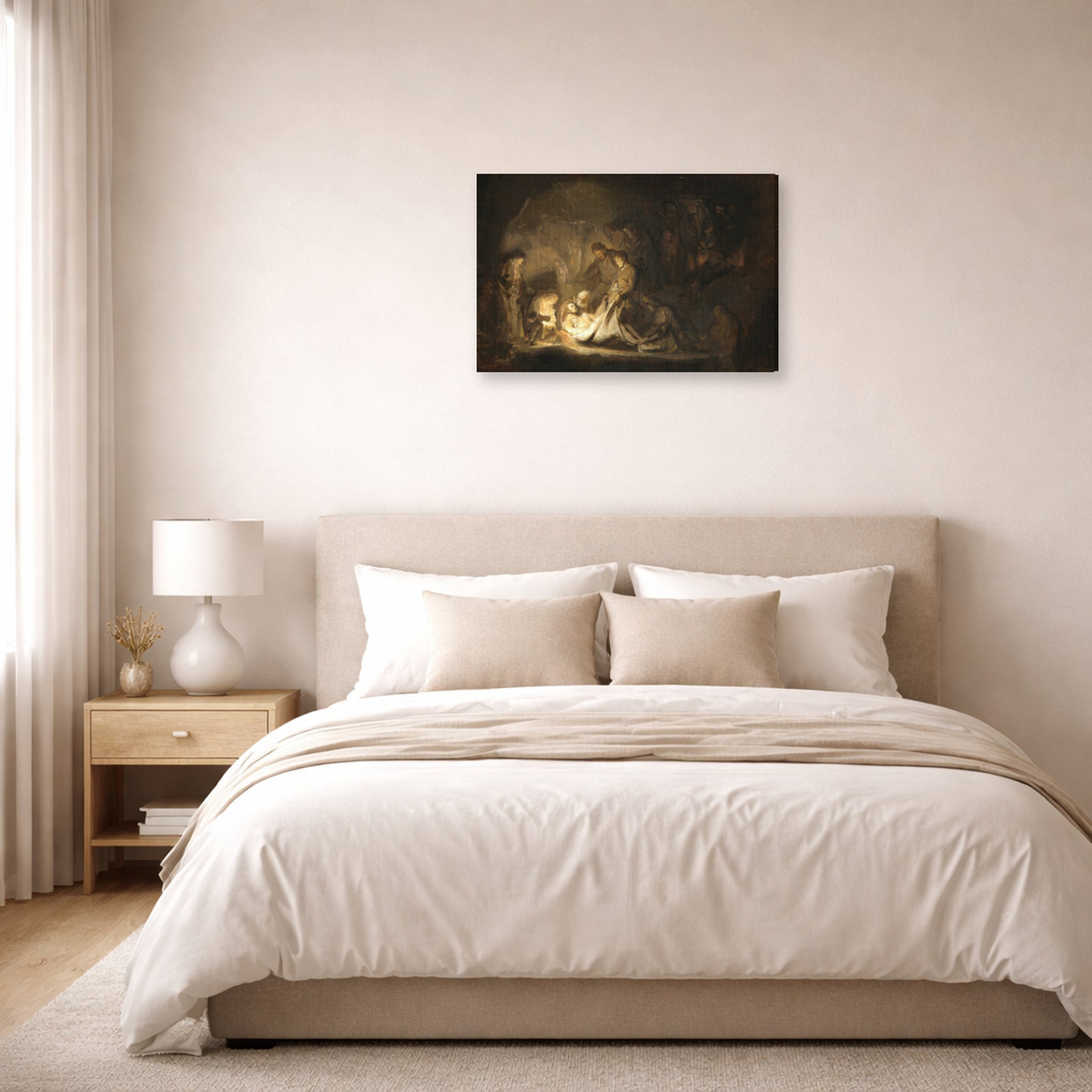Gallery-wrapped canvas print of Rembrandt's The Entombment displayed on a wall in a bedroom
