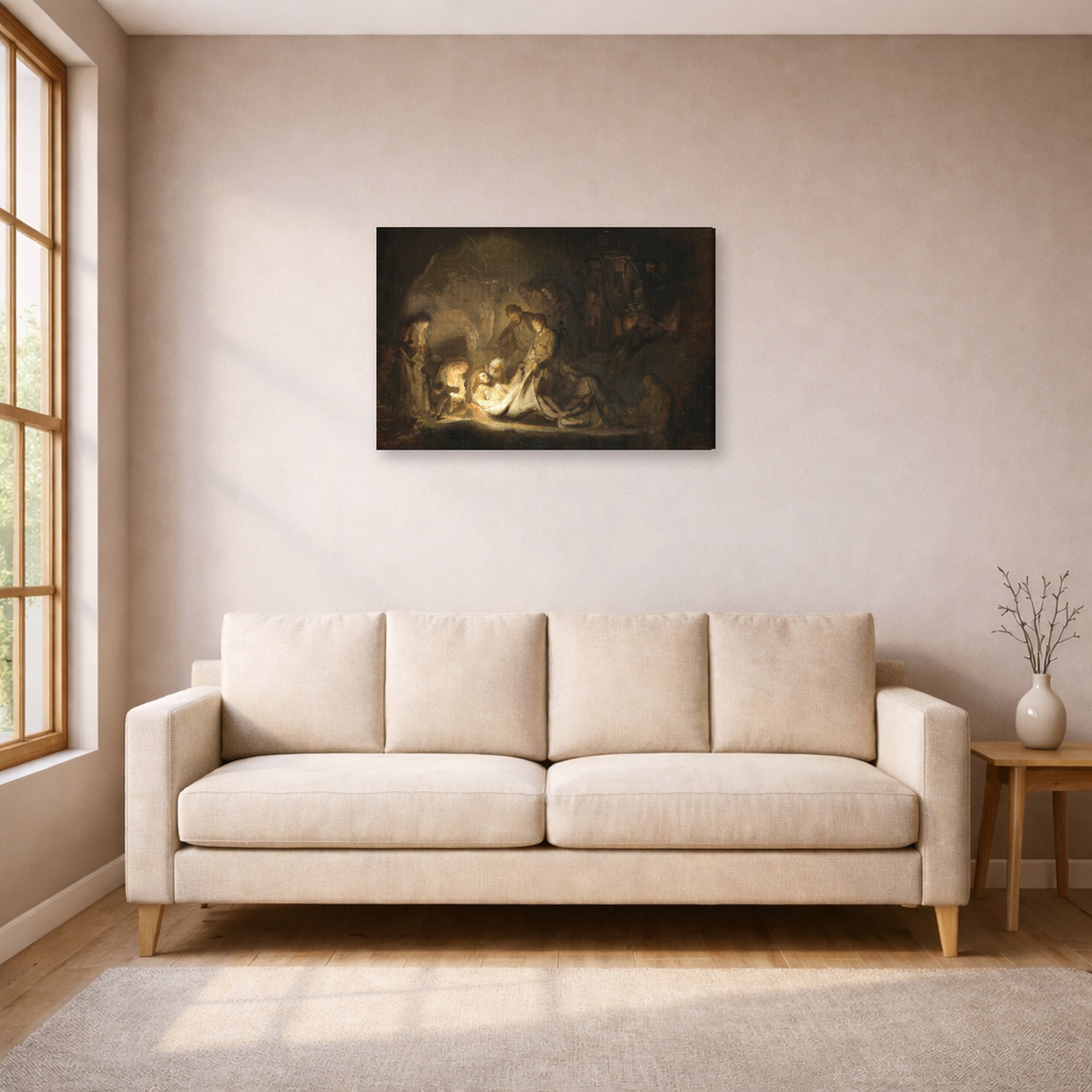Gallery-wrapped canvas print of Rembrandt's The Entombment displayed on a wall in a living room