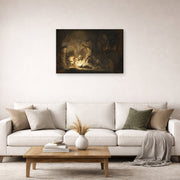 Gallery-wrapped canvas print of Rembrandt's The Entombment displayed on a wall in a living room