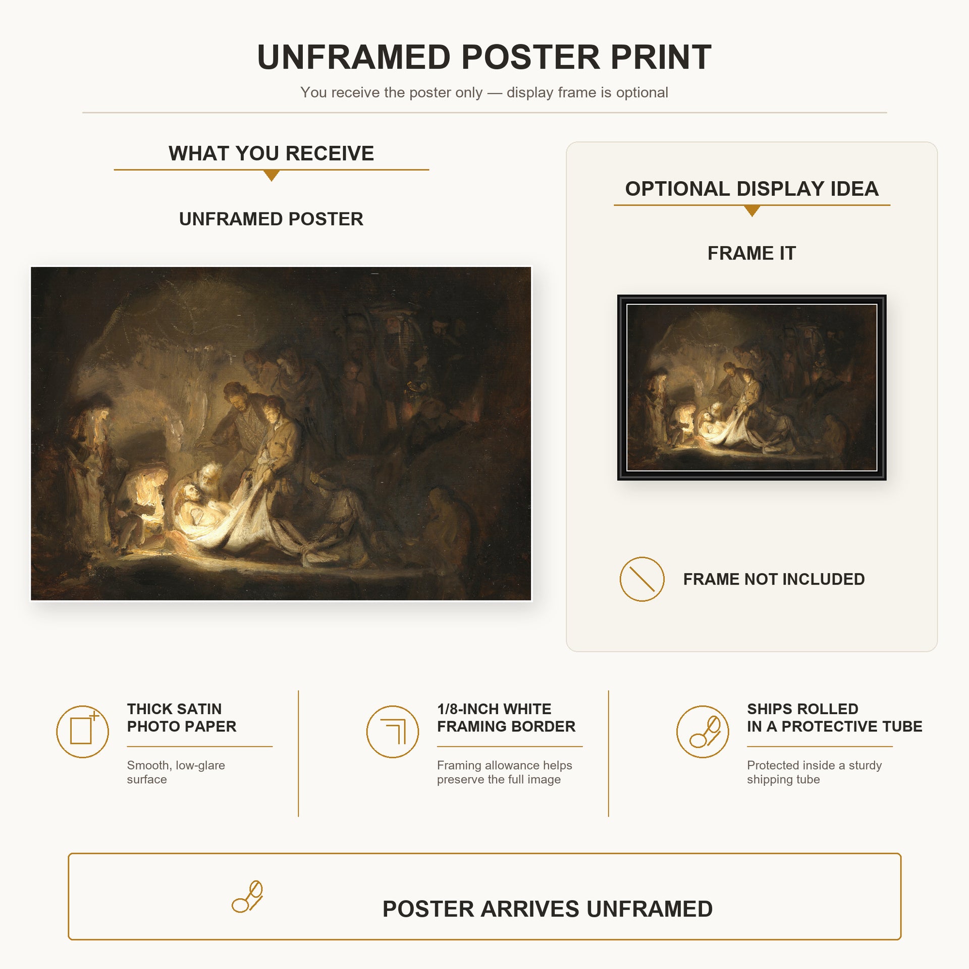 Rembrandt - The Entombment poster print size comparison and framing display infographic