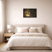 Unframed poster print of Rembrandt's The Entombment displayed on a wall in a bedroom