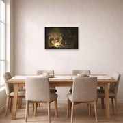 Unframed poster print of Rembrandt's The Entombment displayed on a wall in a dining room