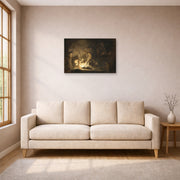 Unframed poster print of Rembrandt's The Entombment displayed on a wall in a living room