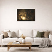 Unframed poster print of Rembrandt's The Entombment displayed on a wall in a living room