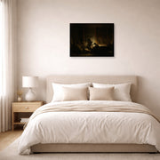 Gallery-wrapped canvas print of Rembrandt's The Holy Family by Night displayed on a wall in a bedroom
