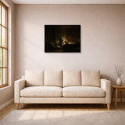 Unframed poster print of Rembrandt's The Holy Family by Night displayed on a wall in a living room