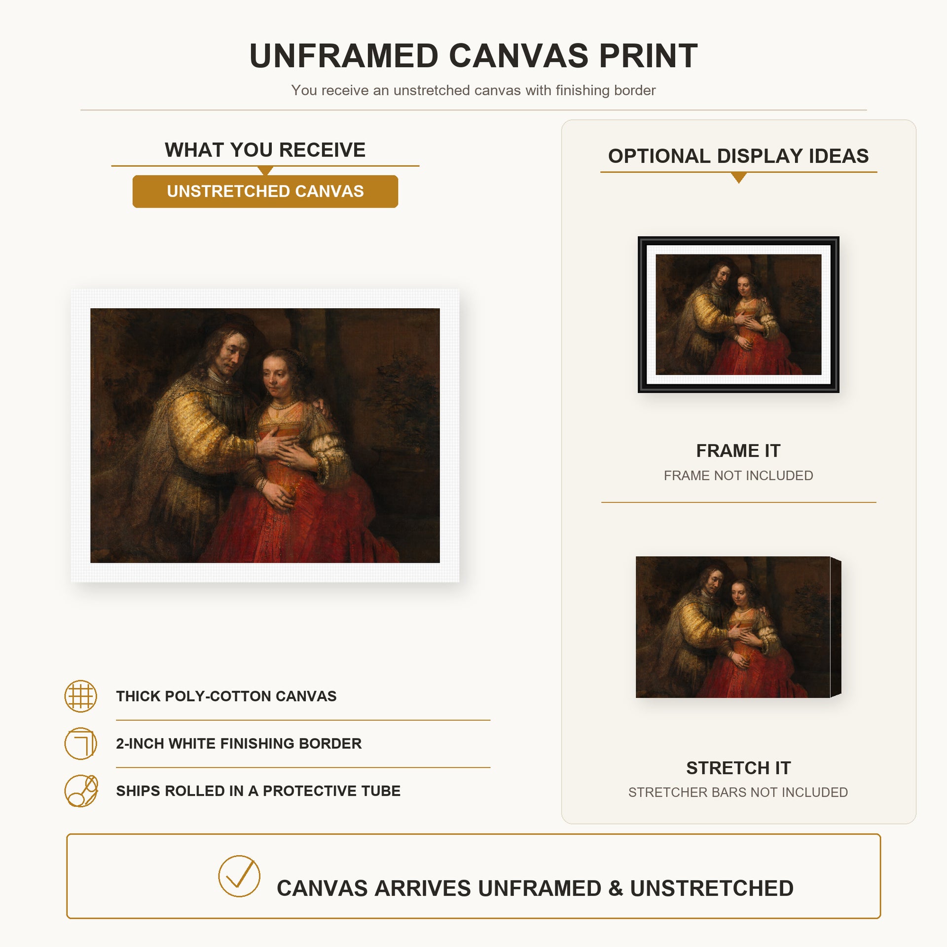 Rembrandt - The Jewish Bride canvas print size comparison and framing display infographic