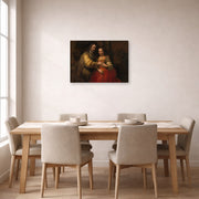 Gallery-wrapped canvas print of Rembrandt's The Jewish Bride displayed on a wall in a dining room