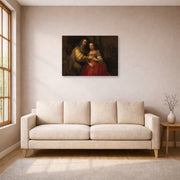 Gallery-wrapped canvas print of Rembrandt's The Jewish Bride displayed on a wall in a living room