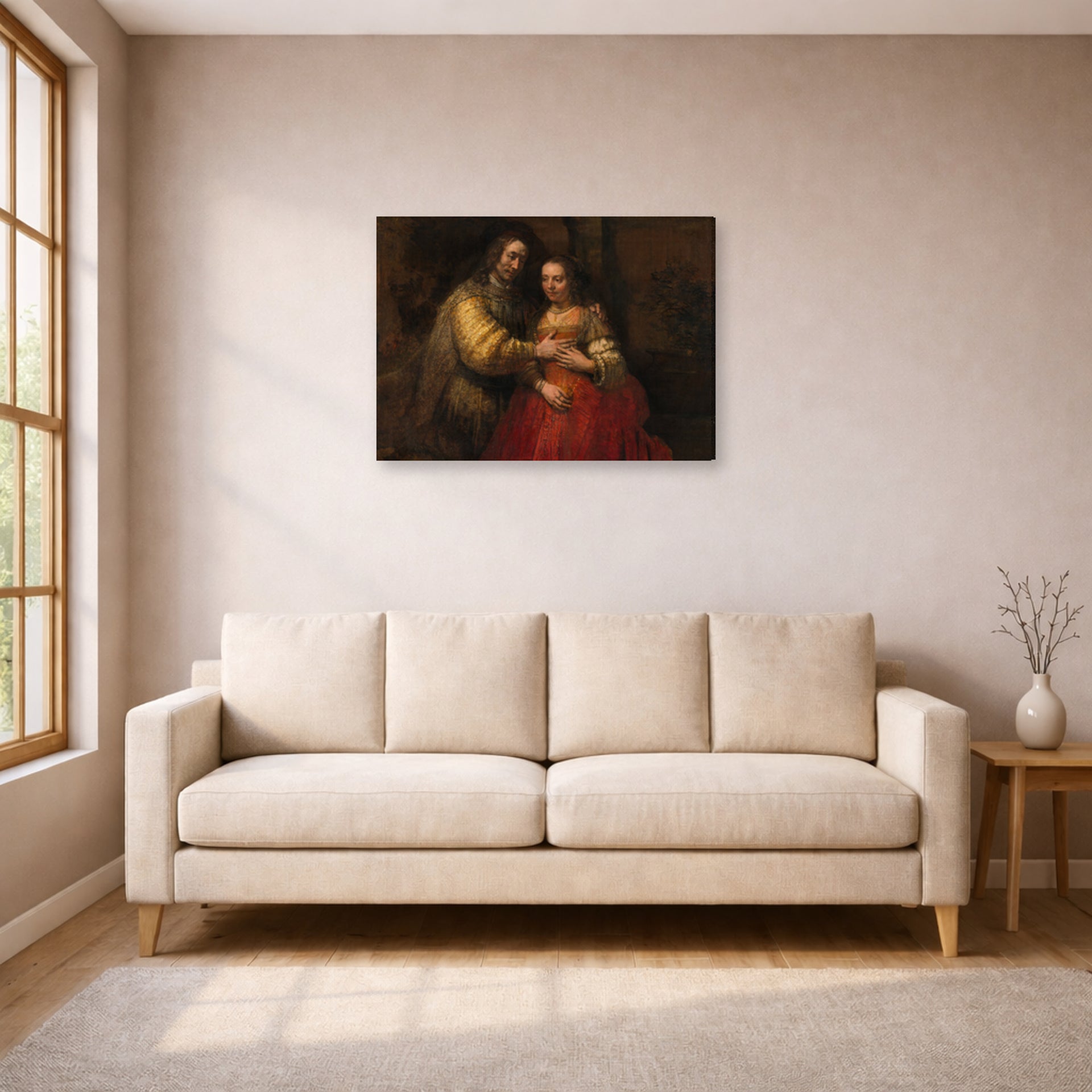 Gallery-wrapped canvas print of Rembrandt's The Jewish Bride displayed on a wall in a living room