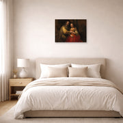 Unframed poster print of Rembrandt's The Jewish Bride displayed on a wall in a bedroom