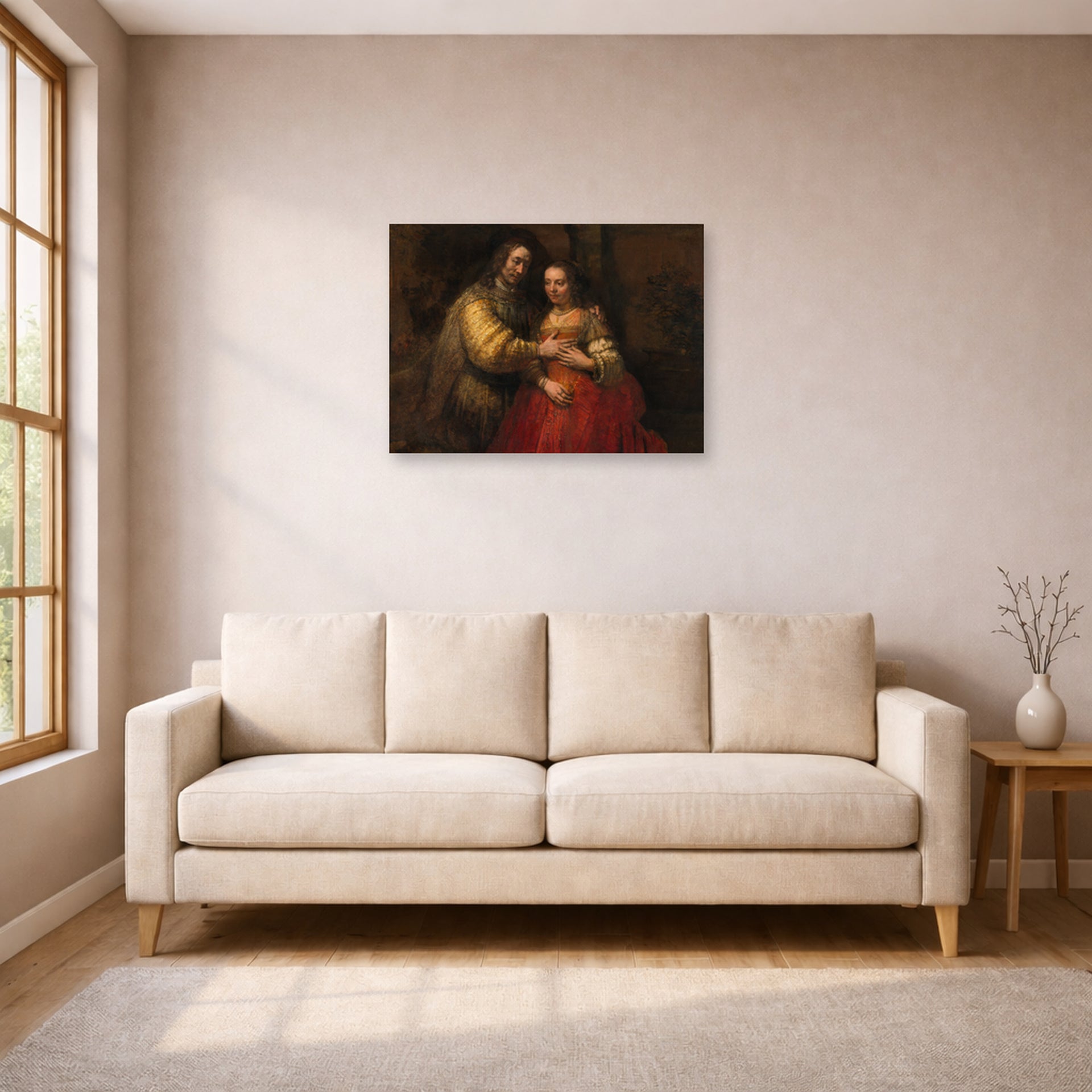 Unframed poster print of Rembrandt's The Jewish Bride displayed on a wall in a living room