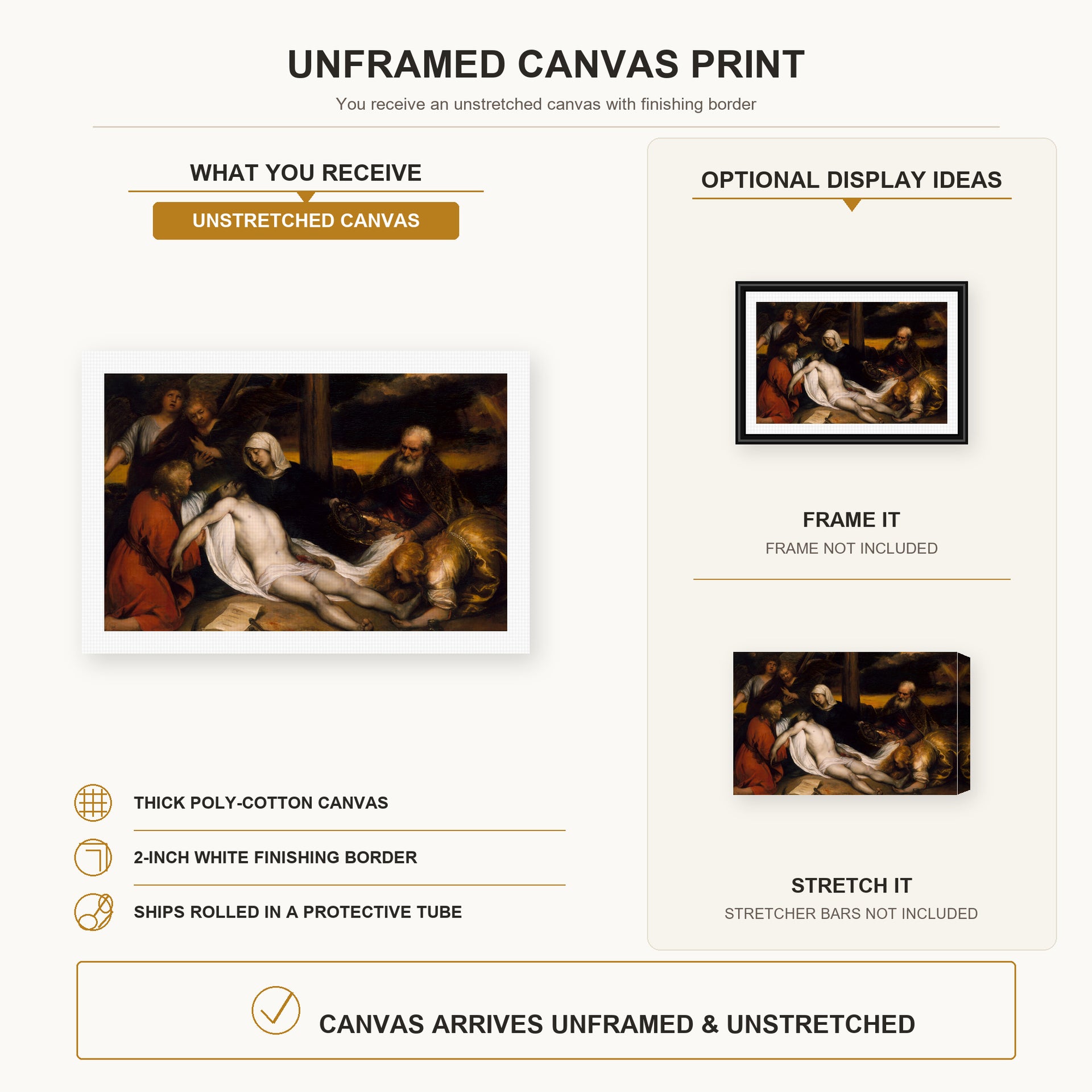 Rembrandt - The Lamentation of Christ and Samson and Delilah canvas print size comparison and framing display infographic