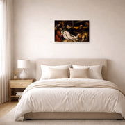 Gallery-wrapped canvas print of Rembrandt's The Lamentation of Christ and Samson and Delilah displayed on a wall in a bedroom