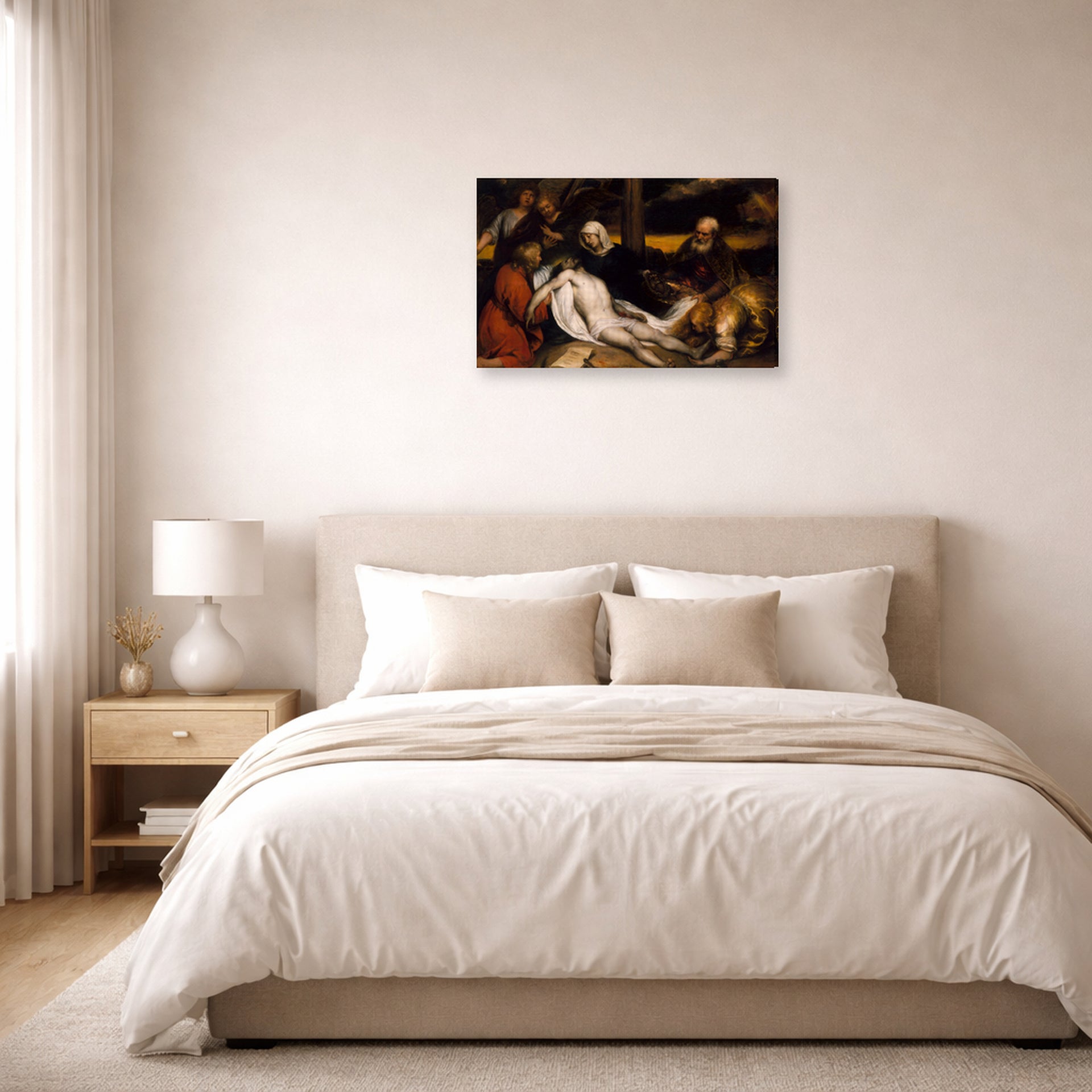 Gallery-wrapped canvas print of Rembrandt's The Lamentation of Christ and Samson and Delilah displayed on a wall in a bedroom