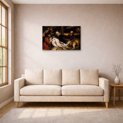 Gallery-wrapped canvas print of Rembrandt's The Lamentation of Christ and Samson and Delilah displayed on a wall in a living room