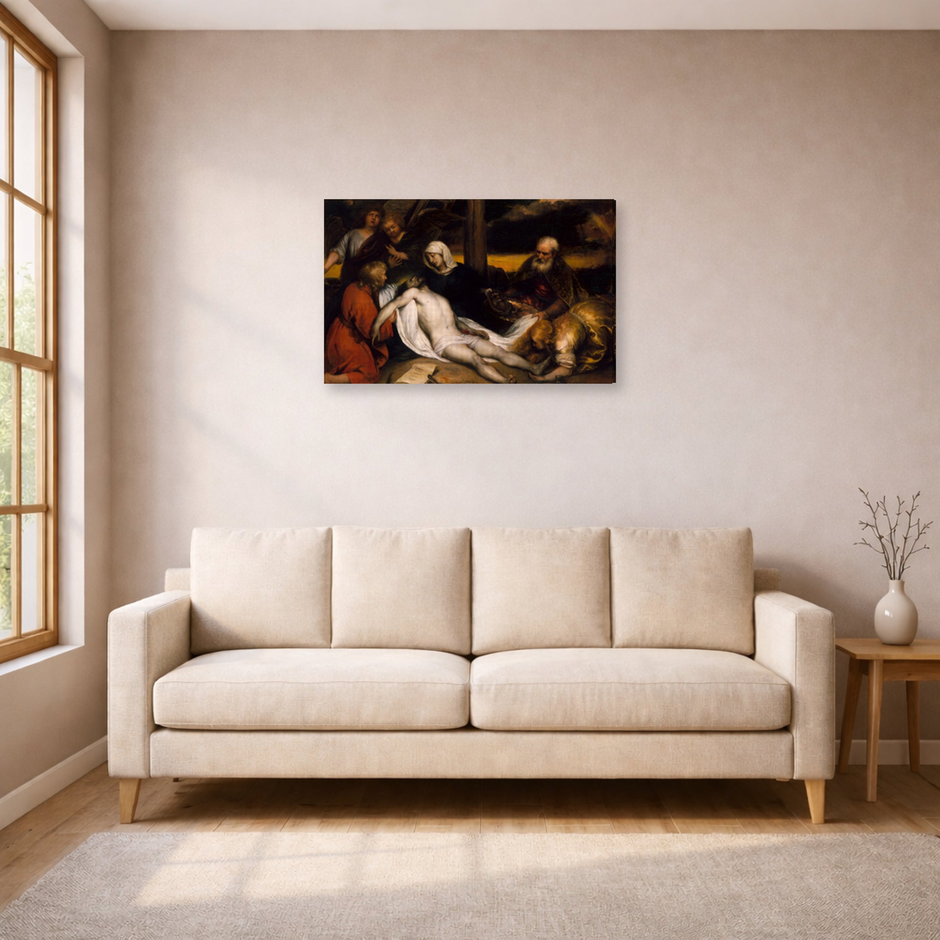 Gallery-wrapped canvas print of Rembrandt's The Lamentation of Christ and Samson and Delilah displayed on a wall in a living room