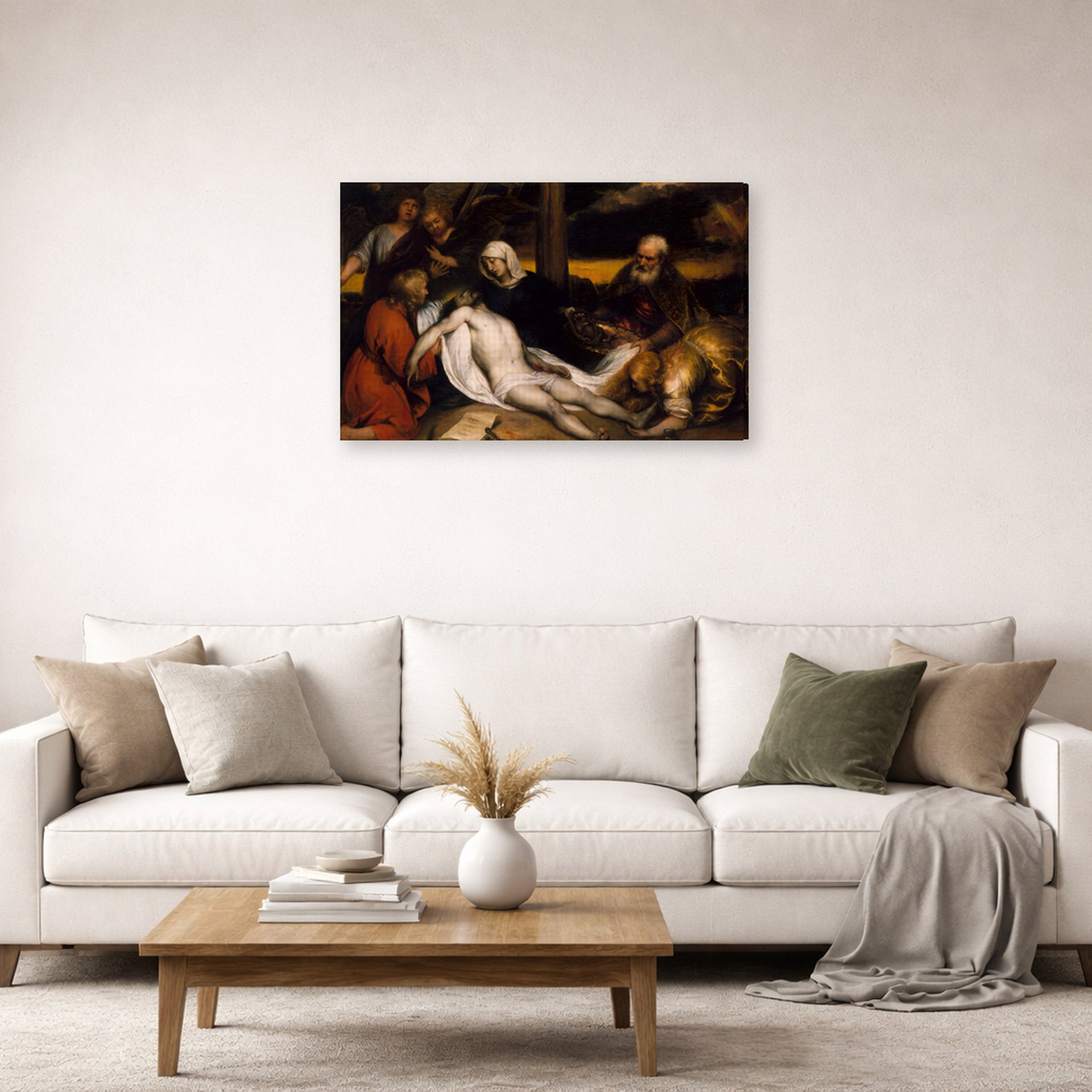 Gallery-wrapped canvas print of Rembrandt's The Lamentation of Christ and Samson and Delilah displayed on a wall in a living room