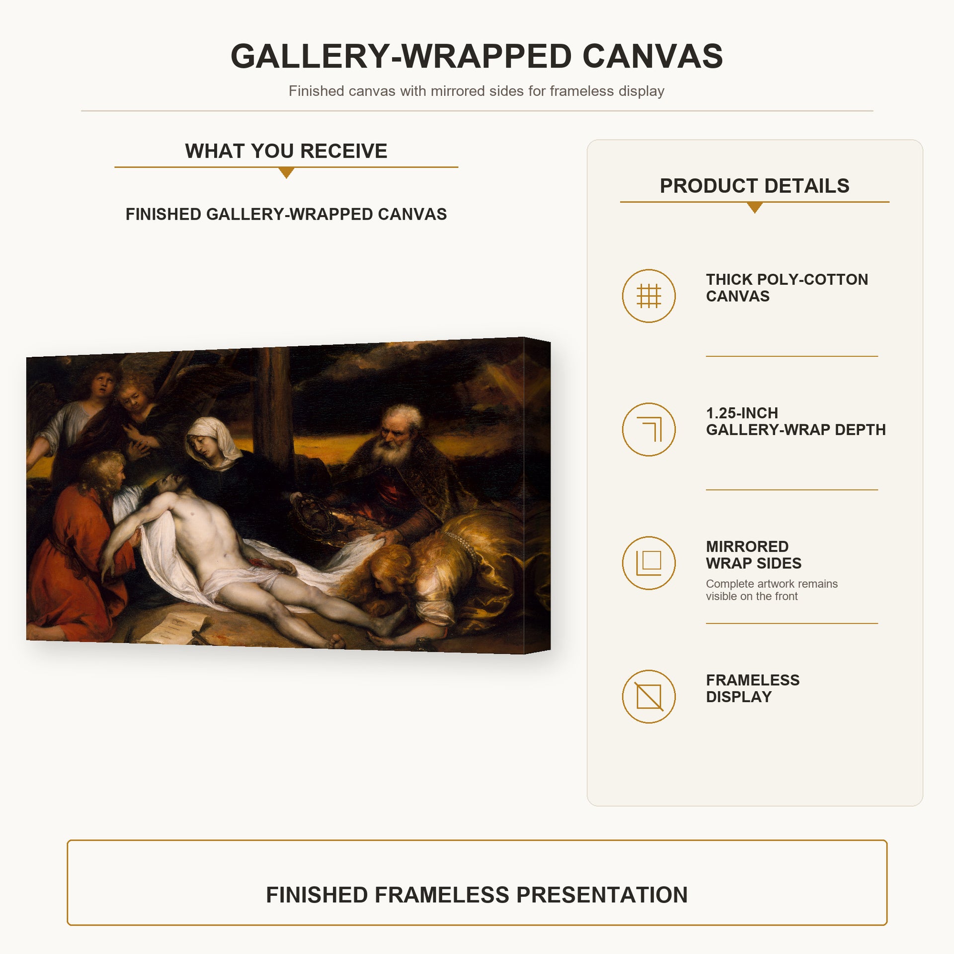 Rembrandt - The Lamentation of Christ and Samson and Delilah gallery wrap canvas construction and hanging details infographic