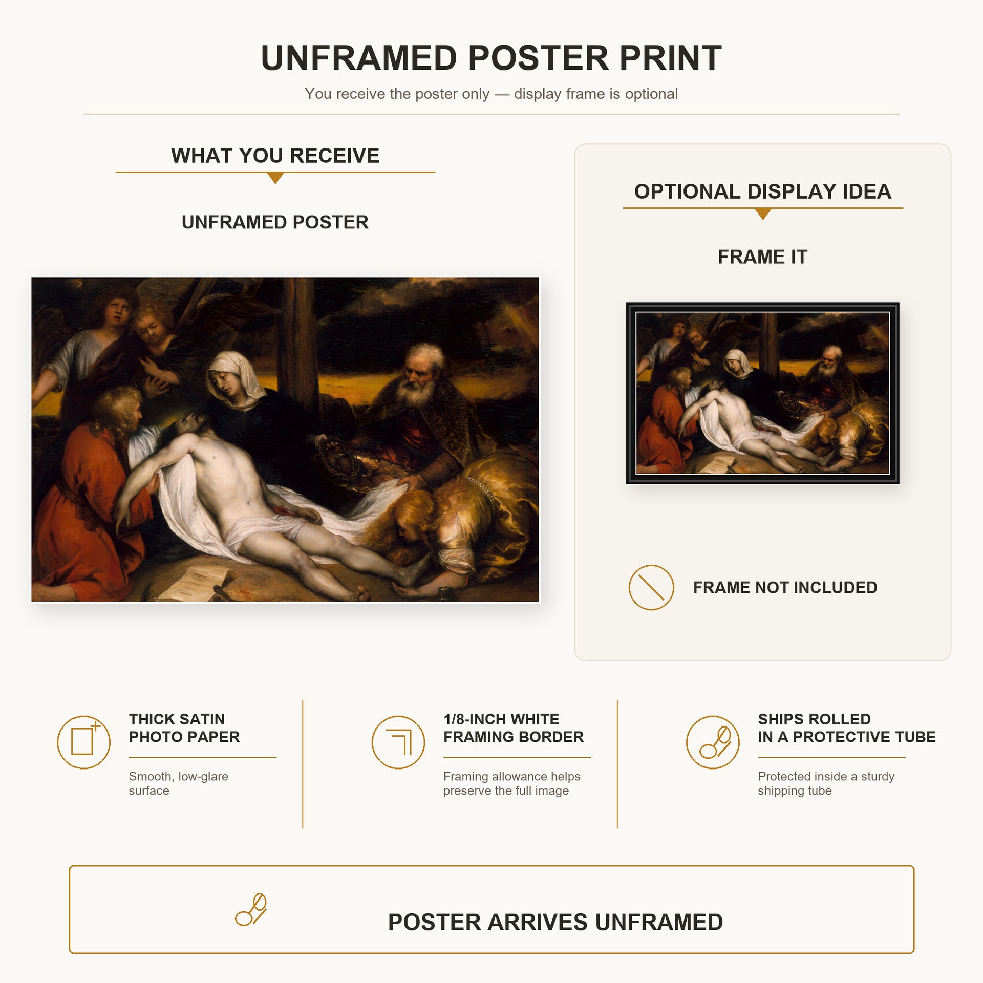Rembrandt - The Lamentation of Christ and Samson and Delilah poster print size comparison and framing display infographic