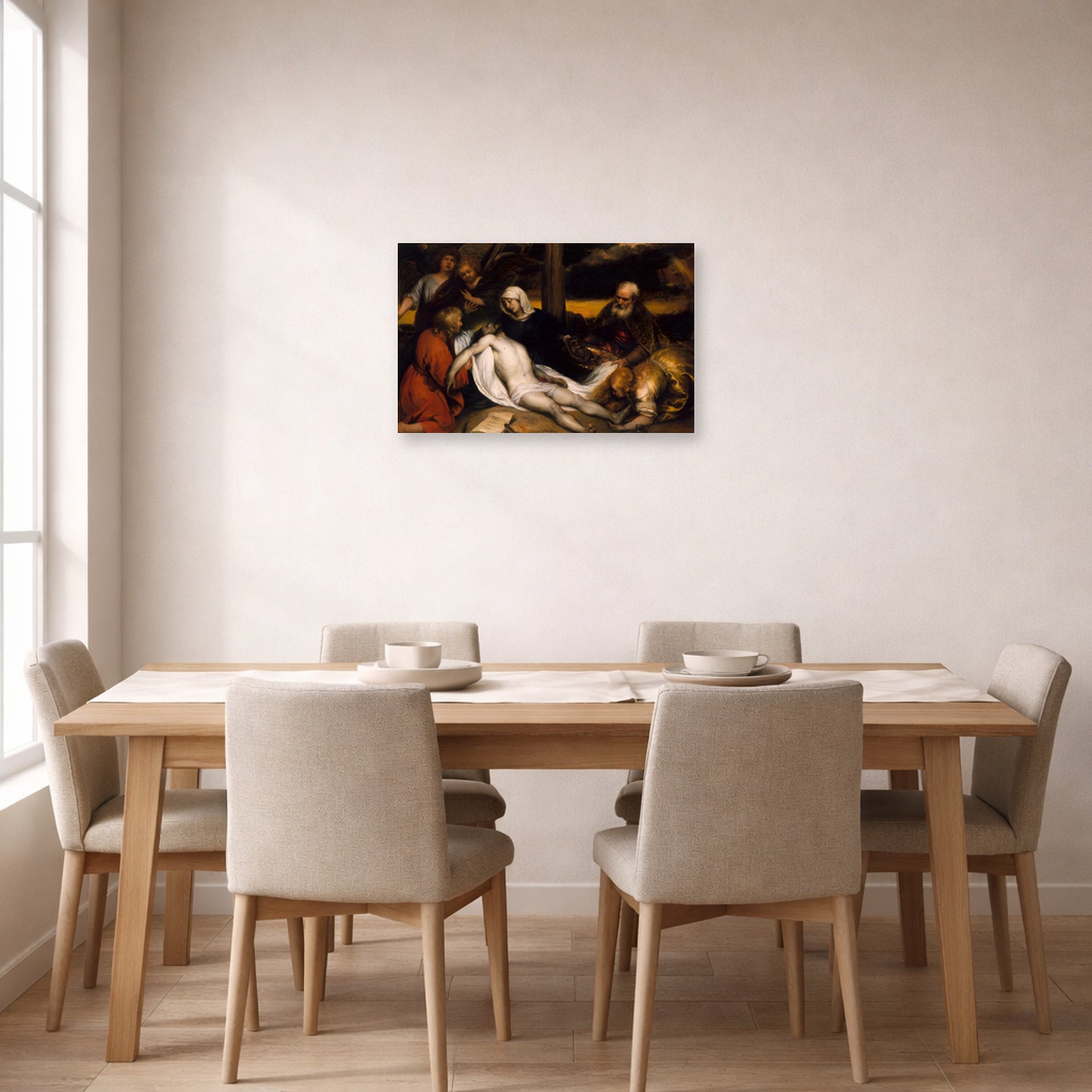 Unframed poster print of Rembrandt's The Lamentation of Christ and Samson and Delilah displayed on a wall in a dining room