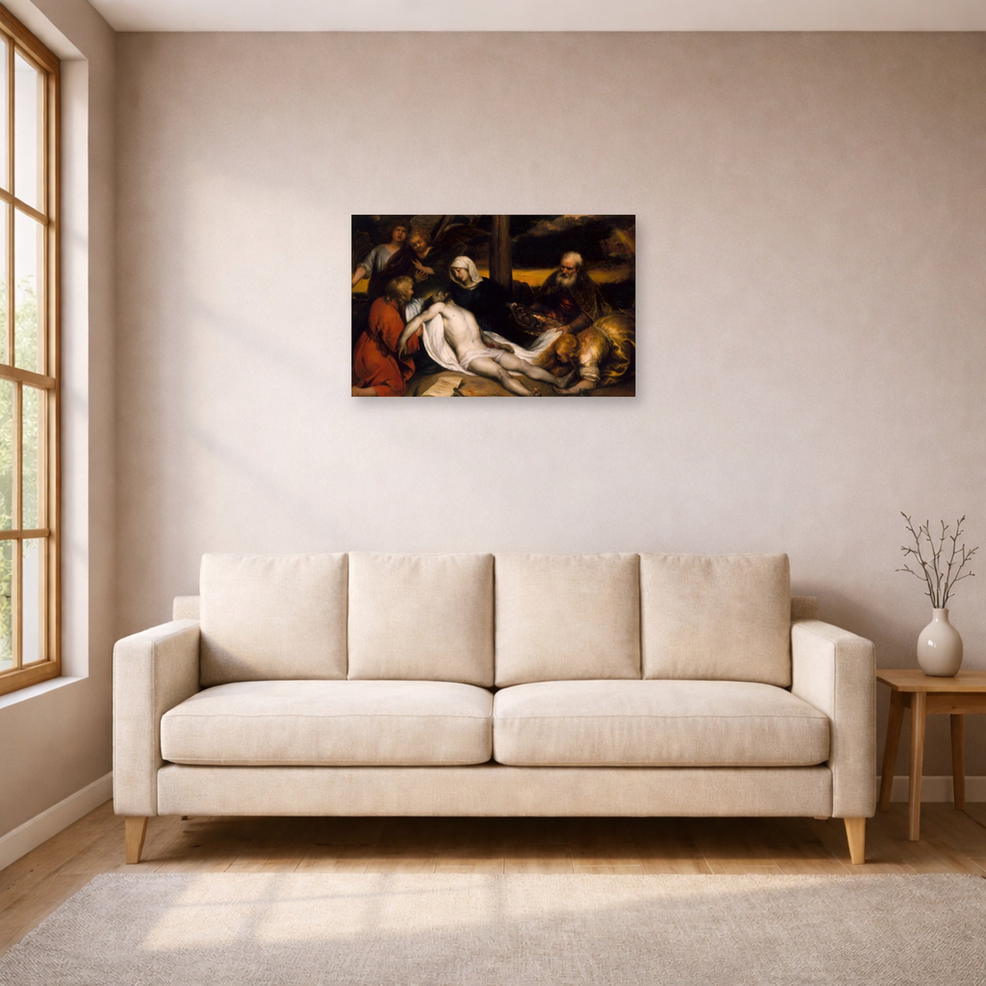 Unframed poster print of Rembrandt's The Lamentation of Christ and Samson and Delilah displayed on a wall in a living room