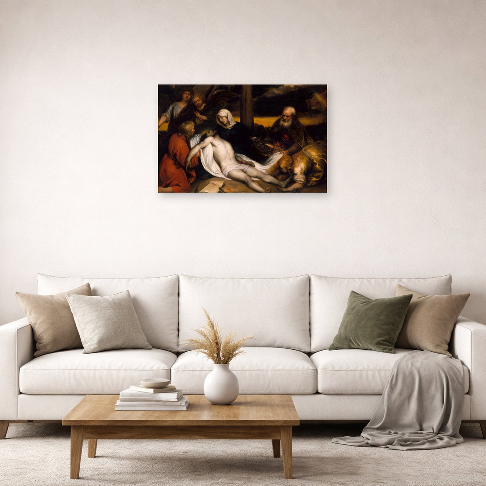 Unframed poster print of Rembrandt's The Lamentation of Christ and Samson and Delilah displayed on a wall in a living room