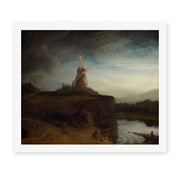 Rembrandt's The Mill painting reproduced as a rolled canvas print, showing the windmill silhouetted against a dramatic stormy sky