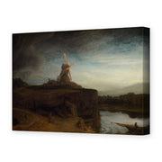 Rembrandt's The Mill painting reproduced as a gallery-wrapped canvas print, showing the windmill silhouetted against a dramatic stormy sky