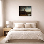 Gallery-wrapped canvas print of Rembrandt's The Mill hanging above a bed in a bedroom