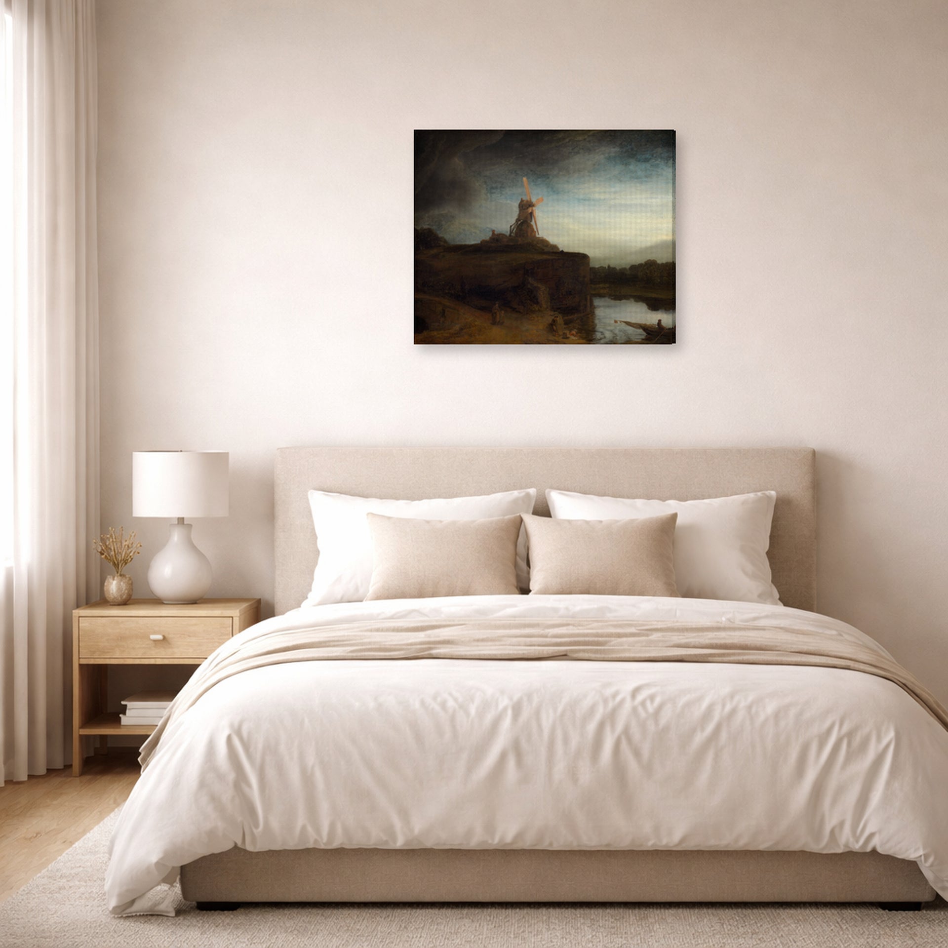 Gallery-wrapped canvas print of Rembrandt's The Mill hanging above a bed in a bedroom
