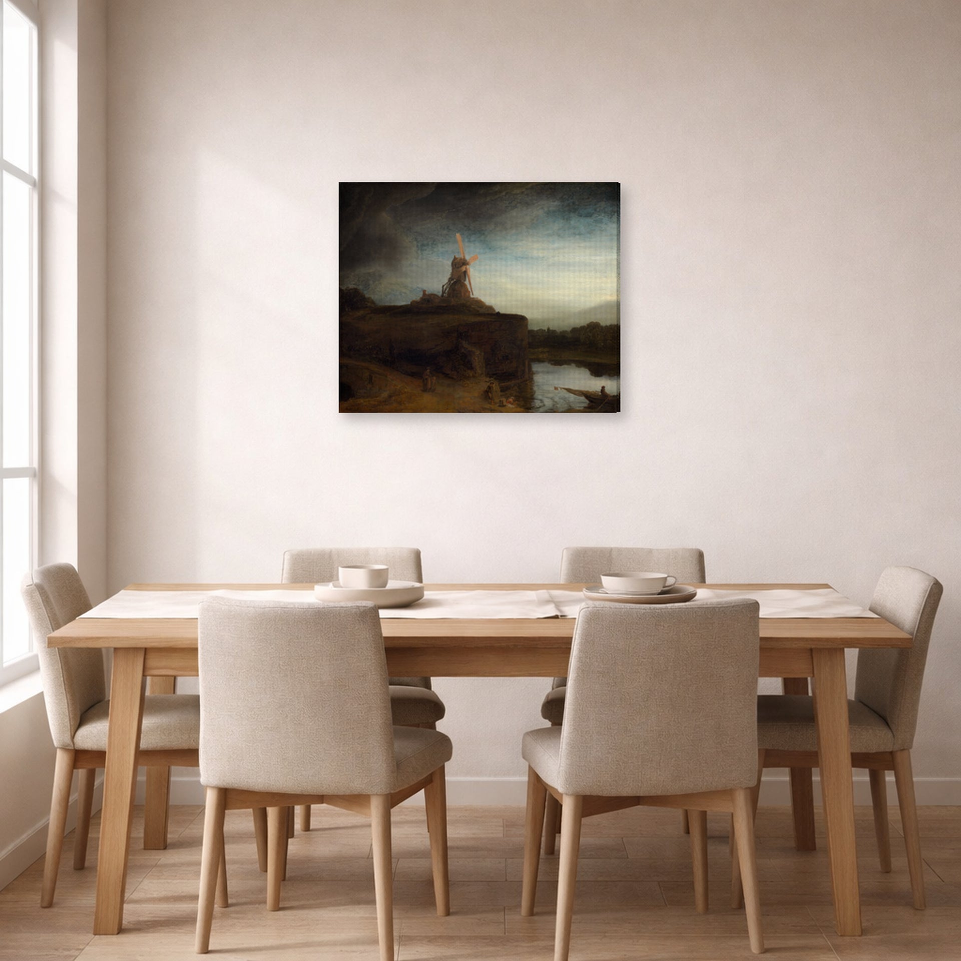 Gallery-wrapped canvas print of Rembrandt's The Mill hanging on a dining room wall