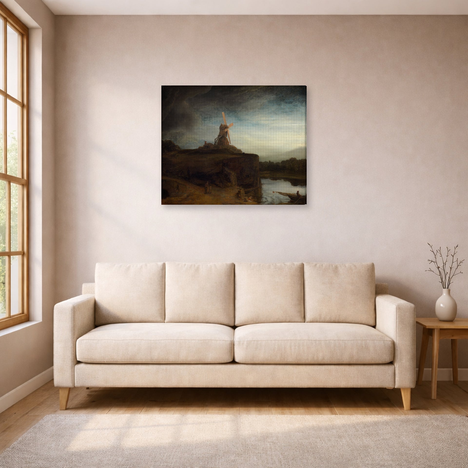 Gallery-wrapped canvas print of Rembrandt's The Mill hanging in a living room, view 1