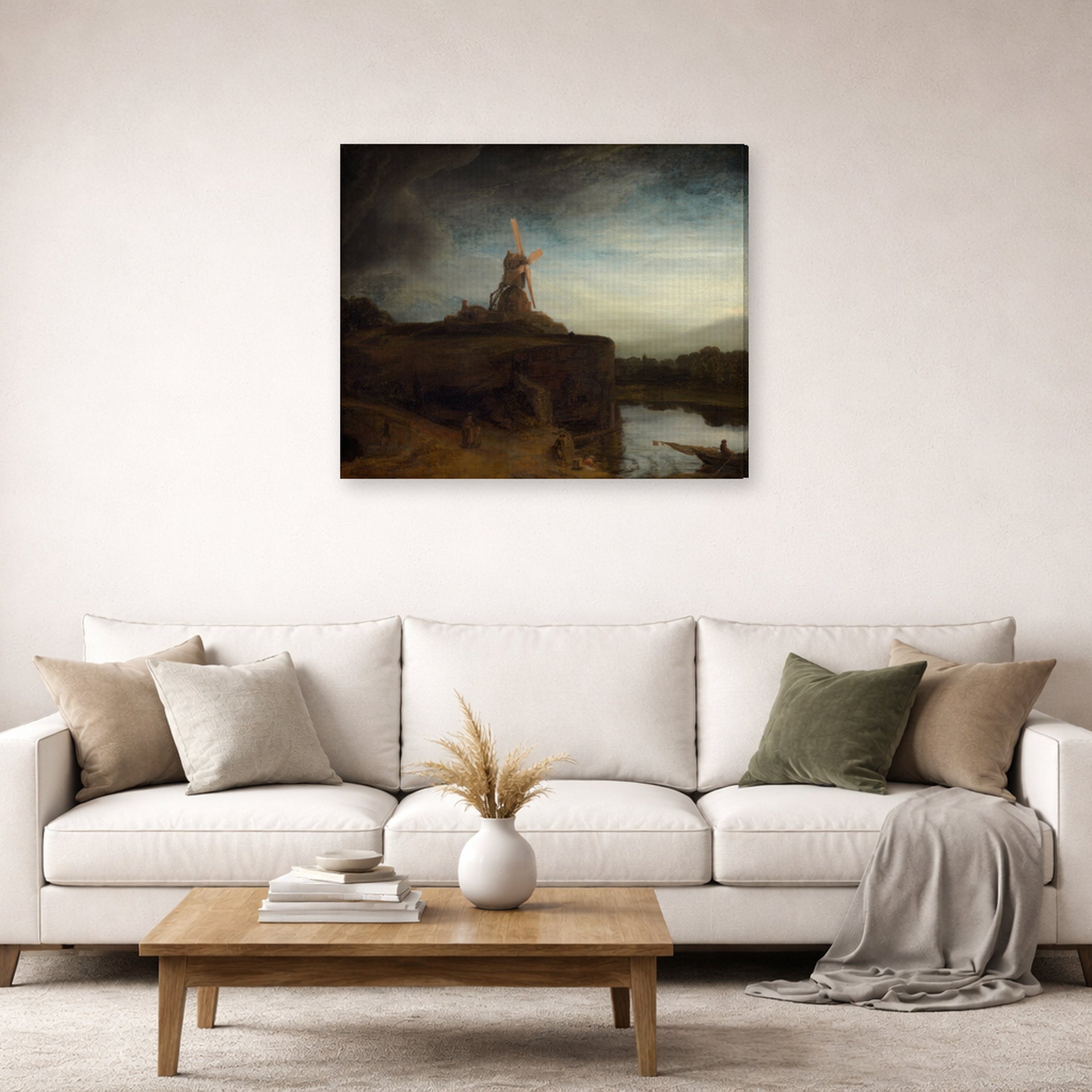 Gallery-wrapped canvas print of Rembrandt's The Mill hanging in a living room, view 2