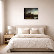 Unframed poster print of Rembrandt's The Mill displayed above a bed in a bedroom