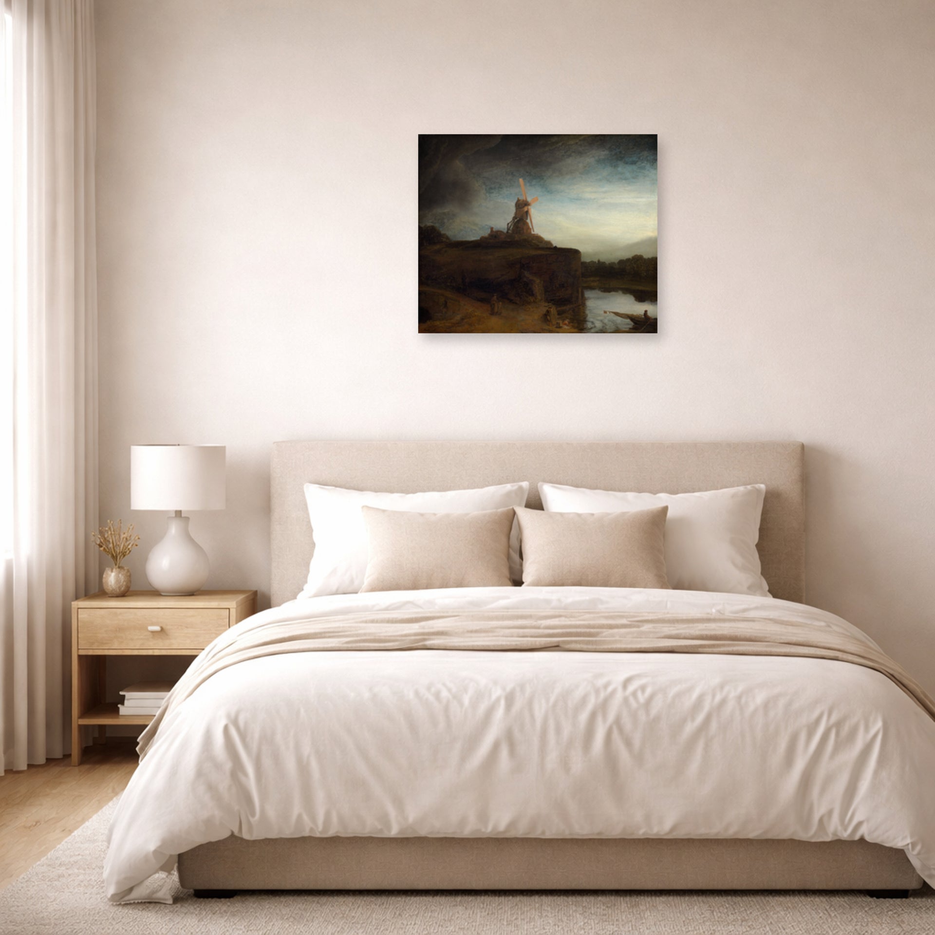 Unframed poster print of Rembrandt's The Mill displayed above a bed in a bedroom