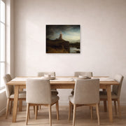 Unframed poster print of Rembrandt's The Mill displayed on a dining room wall